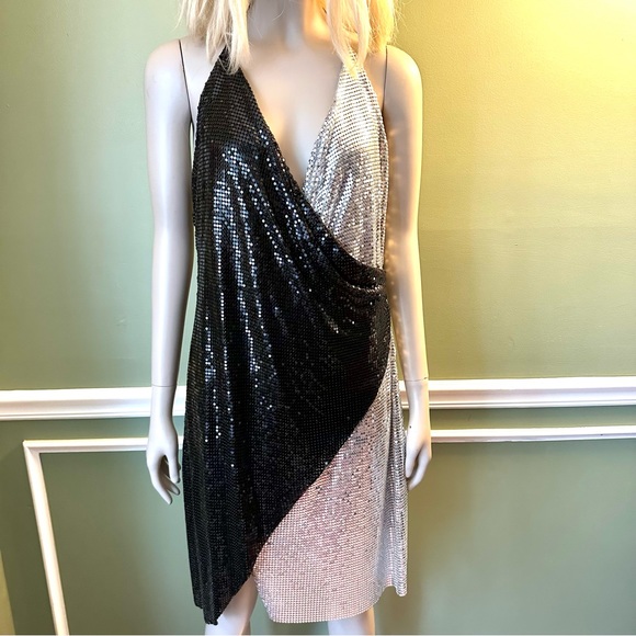 - Alice + Olivia - $795 Ally Metallic Faux Wrap Dress, Black and Silver, Size 12 - Picture 7 of 16